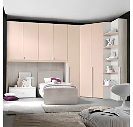 Camerette bambina, camera a ponte con cabina in Peonia, Gessato cenere e Bianco frassino