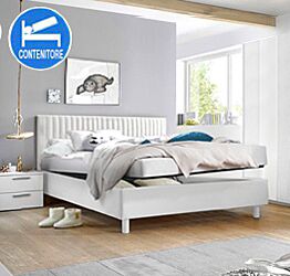 Letto matrimoniale Vertigo in ecopelle bianca CON CONTENITORE, testata a righe