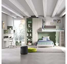 Cameretta con soppalco a 2 posti letto in Bianco frassino, Gessato cenere e Salvia