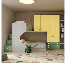 Soppalco angolare con letto contenitore 1 piazza e mezza, Cenere wood, Giallo, Salvia Zenzero Shop
