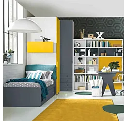 Cameretta con divano letto e armadio angolare, finitura Girasole, Blu reale e Bianco frassino Zenzero Shop