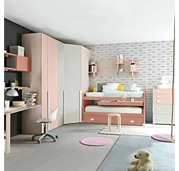 Cameretta con cabina angolare e letto multifunzionale, finitura Rovere ambra, Rosa antico, Peonia e Nebbia