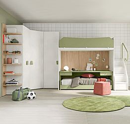 Cameretta con a letto castello e armadio angolare, finitura Cemento artico, Oliva e Royal oak