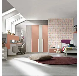 Cameretta con letto singolo, finitura Nebbia, Gessato cenere e Rosa antico