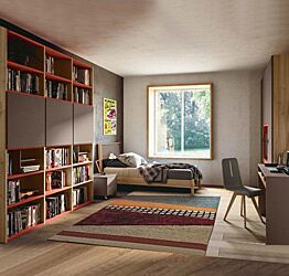 Cameretta con libreria, armadio e letto in Bronzo, Noce biondo e Corallo