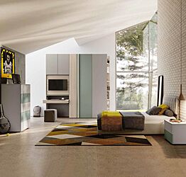 Cameretta 1 piazza e mezza, finitura Agave e Grigio seta, letto imbottito