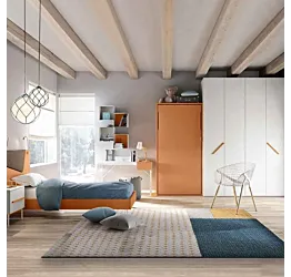 Cameretta ragazzi Terracotta e Bianco frassino, con armadio 4 ante apertura a libro