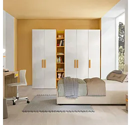 Armadio con libreria per camerette, 5 ante battenti, finitura Cemento artico e Miele