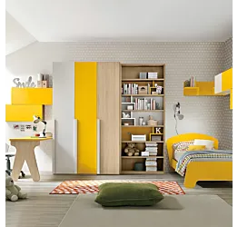 Cameretta moderna per ragazzi in Girasole, Rovere ambra e Bianco frassino