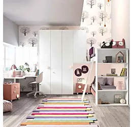 Cameretta con soppalco angolare, finitura Bianco frassino, Peonia e Rosa antico