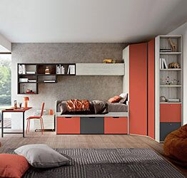 Cameretta con armadio angolare in finitura Bianco altea, Corallo e Grigio cenere