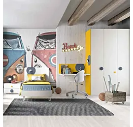 Cameretta con letto singolo e armadio battente, finitura Bianco frassino e Girasole