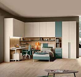 Cameretta con ponte angolare, finitura Noce biondo, Orzo e Verde salvia