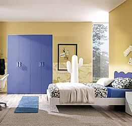 Cameretta completa linea onda con letto una piazza e mezza, bianco frassinato e blu