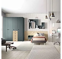 Cameretta ragazzi con armadio battente, finitura Rovere ambra e Blu reale