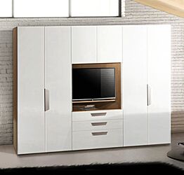 Armadio moderno 6 ante 3 cassetti con vano porta TV, Rovere samoa e Bianco frassino