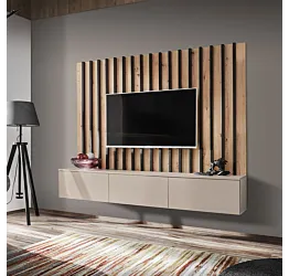 Parete attrezzata sospesa con Boiserie cannettata, 180x148x36 h cm, Cashmere e Rovere artisan