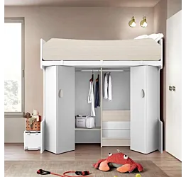 Letto a castello con armadio inferiore in finitura Bianco Opaco e Noce brina