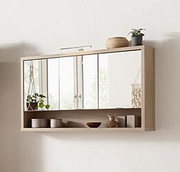 Mobile del bagno,Pensile specchio con 3 ante in finitura Rovere