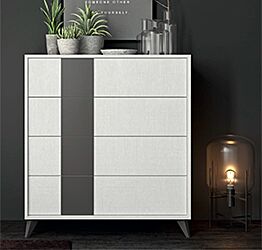 Comò 4 cassetti con piedini in finitura Rovere white e Grigio titanio