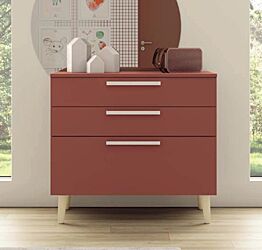 Comò camerette con piedini in legno massello a 3 cassetti, finitura Corallo