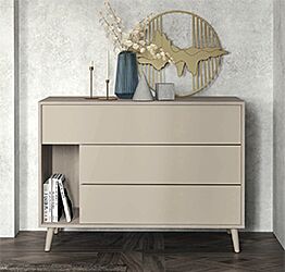 Comò moderno 3 cassetti e vano in finitura Ciliegio bianco e Canapa