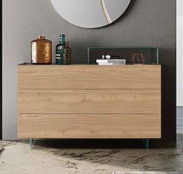Comò moderno piedini plexiglass a 3 cassetti, finitura Noce biondo e Grigio cenere