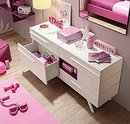 Comò cameretta con 5 cassetti Moretti Compact, laccato Lampone e Bianco