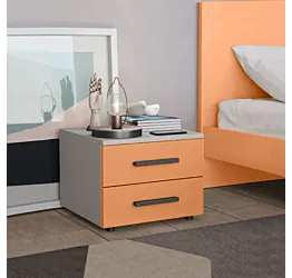 Comodino Master moderno, 2 cassetti, finitura Papaya e Cemento Artico