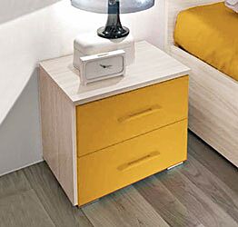Comodino moderno con 2 cassetti, Olmo e Giallo, made in Italy
