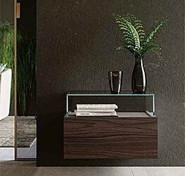 Comodino Palawan sospeso con teca in vetro in finitura Grigio seta e Noce moro