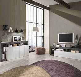 Soggiorno moderno composto da porta tv e madia a 4 ante in finitura bianco e ossido