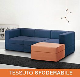 Divano moderno componibile a 3 posti e penisola, finitura Blu e Arancio