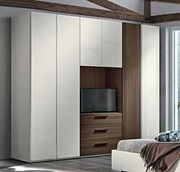 Armadio a 6 ante battenti con vano tv  di alta qualità in finitura Frassinato bianco  e Quercia brown