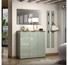 Scarpiera 3 ante a terra, Salvia laccato opaco e Rovere Zenzero Shop