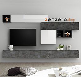 Parete attrezzata sospesa, Bianca Lucida, Ossido e Piombo