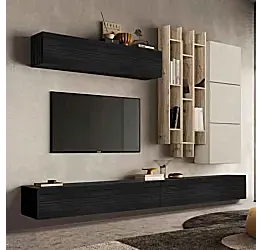 Parete attrezzata sospesa Nero frassino, Cashmere e Cadiz