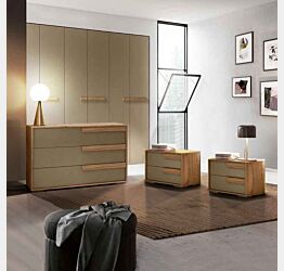 Set comò e coppia di comodini Noce biondo e metallo Oro