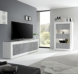 Soggiorno moderno bianco lucido e Cemento con Vetrina e Madia 2 ante 2 cassetti