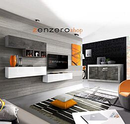 Sala moderna composta da parete attrezzata e madia, Ossido, Beton, Bianco Lucido e Rovere grigio