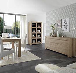 Sala di design composta da Libreria, Madia e Tavolo allungabile, finitura Rovere Cadiz