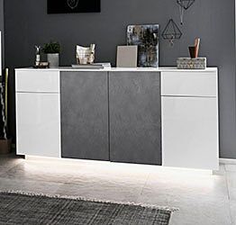 Credenza moderna, 4 ante 2 cassetti, finitura bianco lucido e ardesia