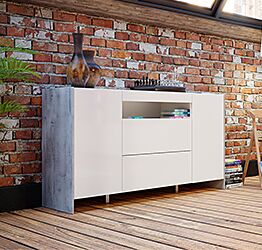 Madia Bianca lucido con fianchi Grigio loftwood, 2 ante 2 cassetti