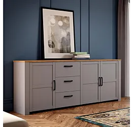 Madia Rovere riviera e Rovere grigio, 3 ante 3 cassetti, L.221 H.87