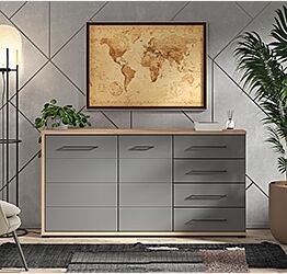 Credenza moderna 4 cassetti e 2 ante, Grigio grafite e Rovere