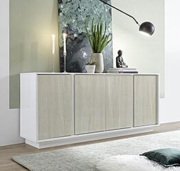 Credenza scontata a 4 ante, Bianco lucido e Olmo