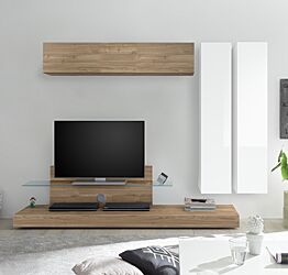 Parete attrezzata formata da Porta Tv e 3 Pensili, finitura Noce Stelvio, Cadiz e Bianco Lucido