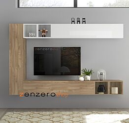 Soggiorno Zenzero, parete attrezzata sospesa moderna in finitura bianco lucido, cadiz e noce stelvio