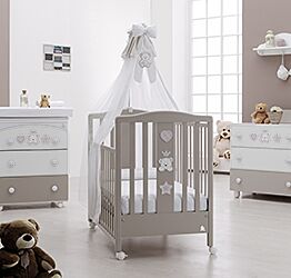 Culla moderna Baloo con ruote, finitura Choco con decori