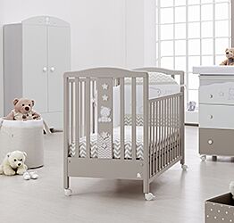 Culla moderna Teddy con ruote, finitura Choco con decori Tortora